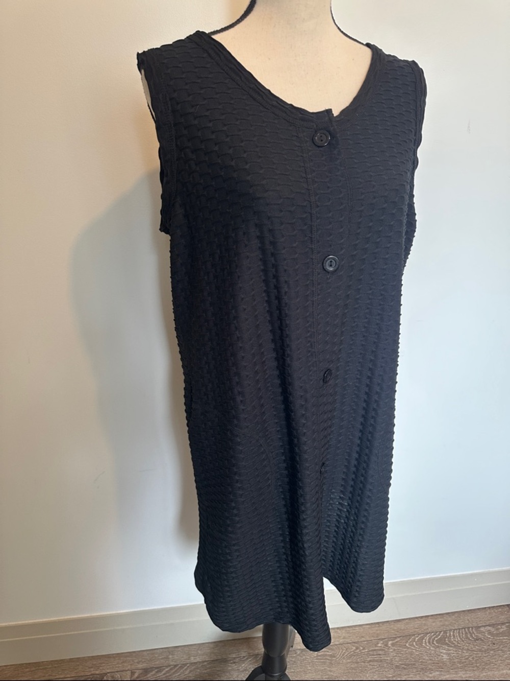 Sleeveless Textured Black Button-Front Dress Beach Swim Coverup Pockets VTG XL